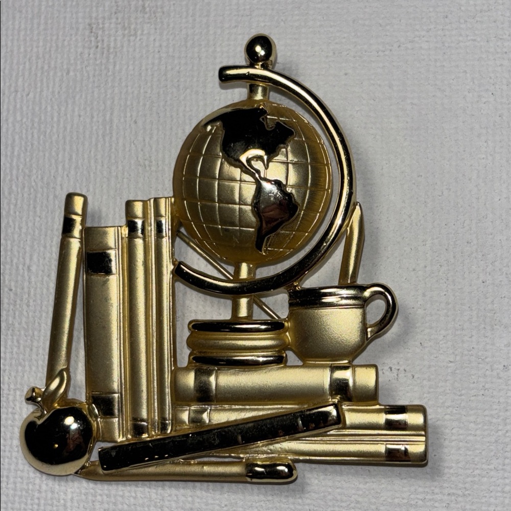 AJC Stack of Books, a Globe, an Apple, Ruler, and a Coffee Cup Gold Brooch Pin